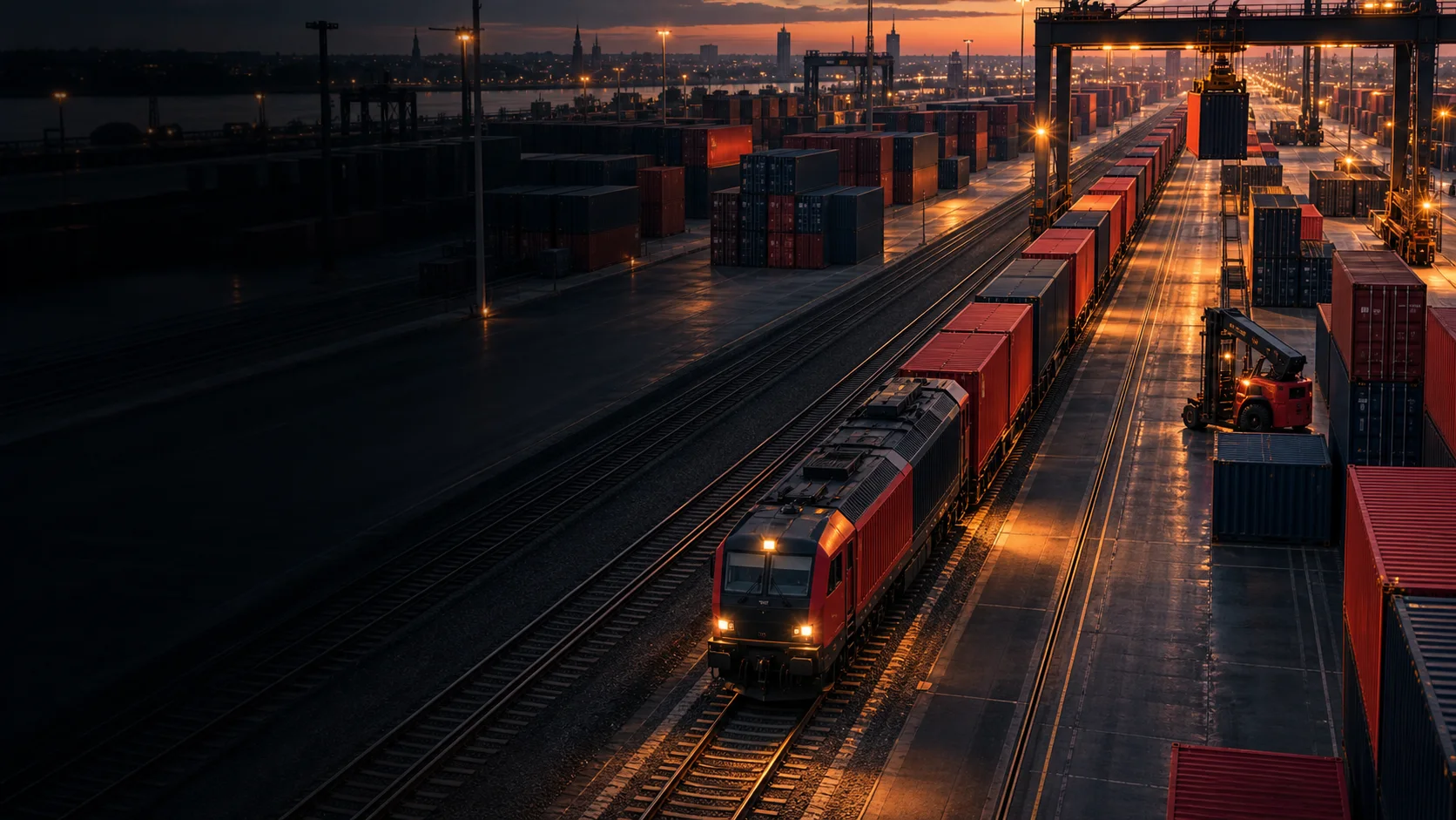 Visione illustrativa di un terminal intermodale: container e treno merci al crepuscolo